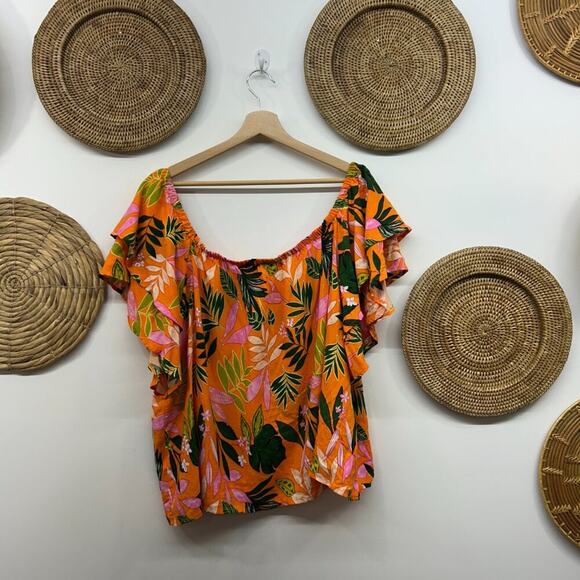 Eloquii Orange Tropical Off Shoulder Short Sleeve Top Vacation Plus Size 20 - Picture 2 of 7